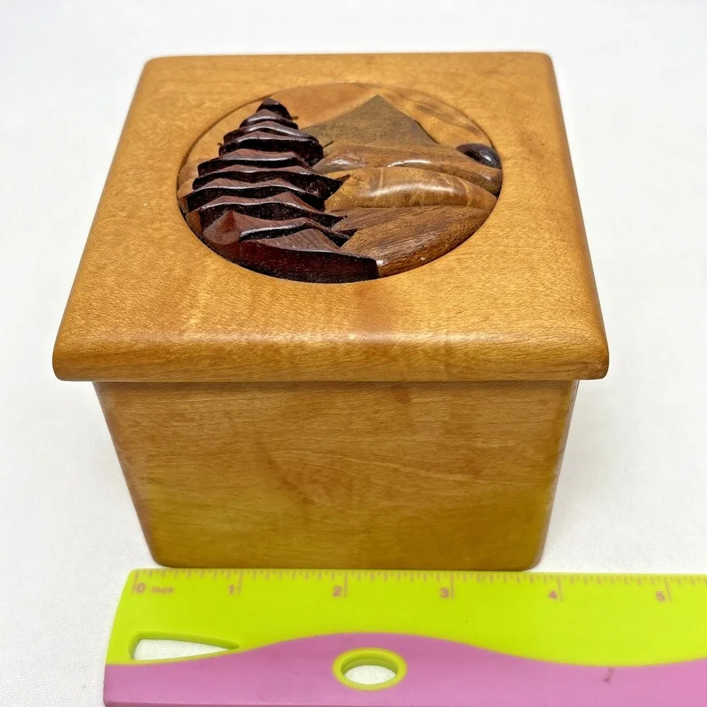 Wooden Hand Carved 3D Trinket Jewelry Box Brown Raised Mountain Detailed VTG 80s